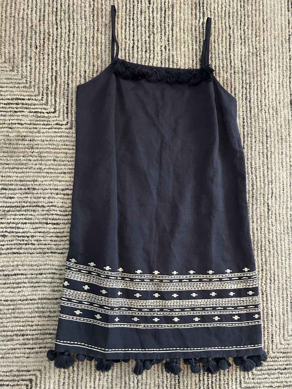Chan Luu Navy Mini Dress with White Embroidery & Tassels